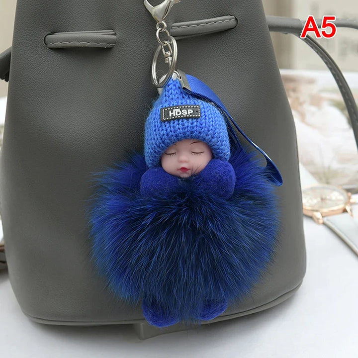 Pompom Sleeping Baby Keychain Plush Bag Charm Cute Gift