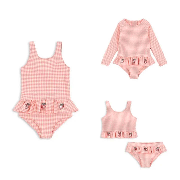 Lightweight Girls Swimsuit – long sleeve one-piece, plaid print, strawberry sequin accents, polyester, nylon, for summer