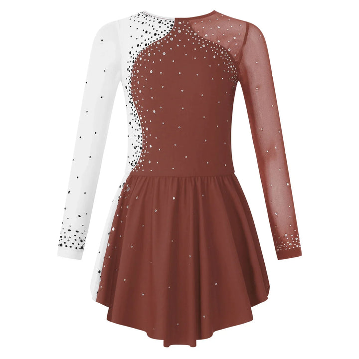 Stretchy girls figure skating dress – long sleeve rhinestone accents, jersey, dance performance costume