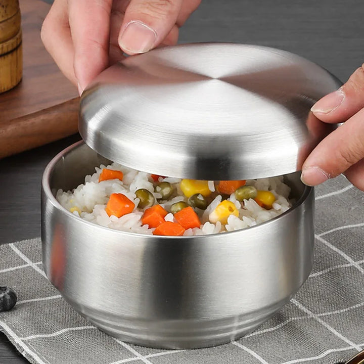 Stainless Steel Double Layer Rice Bowl With Lid Insulated