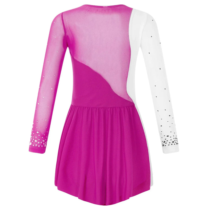 Stretchy girls figure skating dress – long sleeve rhinestone accents, jersey, dance performance costume