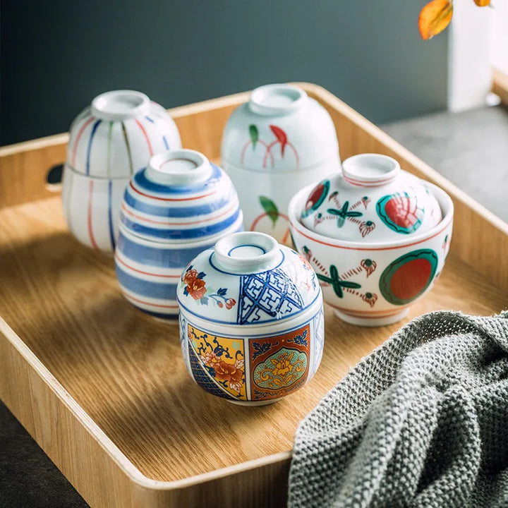 Hand Painted Japanese Ceramic Lidded Dessert Bowls Set