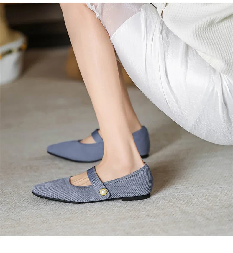 Stretchy Women Mary Jane Flats - Ribbed Knit For Spring