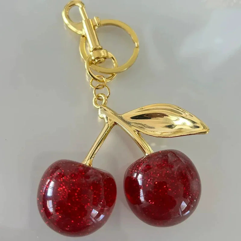 Red Cherry Keychain Bag Charm With Gold Leaf Lobster Clasp