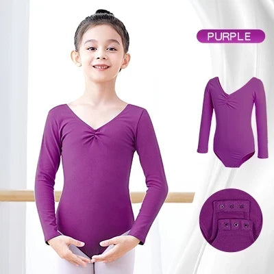 Breathable girls long sleeve ballet leotard - twist-front, cotton, for dance class