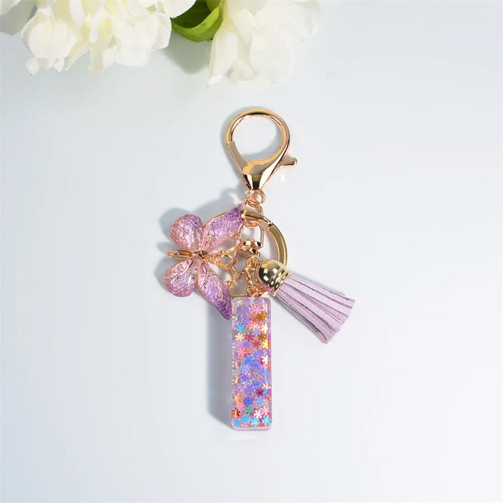 Sequin Letter Keychain With Butterfly Tassel Charm