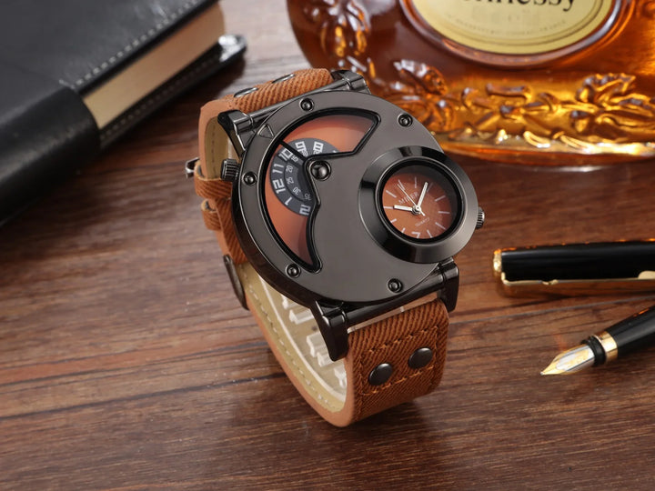 Quartz Sport Watch With Fabric Strap Irregular Alloy Case