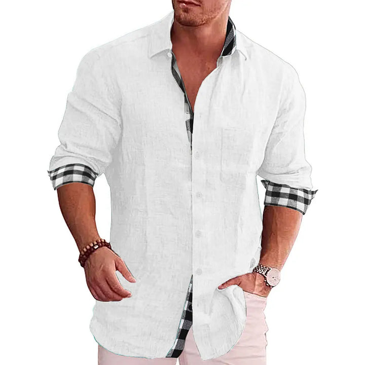 Cotton Linen Plaid Blouse Shirt - Long Sleeve Office Workwear Tops