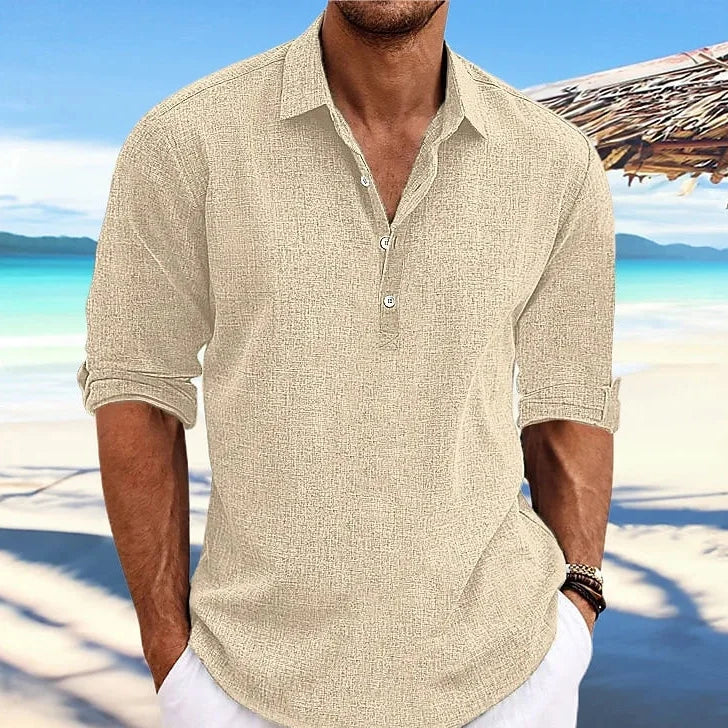 Cotton Linen Long Sleeve Casual Beach Shirt - Turn-Down Collar Social Blouse for Streetwear