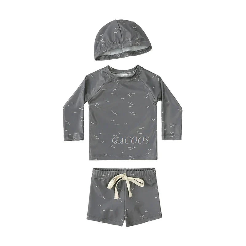 Quick-dry Unisex Baby Swimwear 2-Piece Set – Long-Sleeve Rash Guard Top, Shorts, Polyester, Summer Beachwear