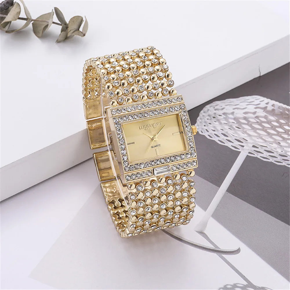 Gold Watch – Diamond Set Square Dial Ladies Quartz Wristwatch, Crystal Band, Fall 2026 Gift Idea