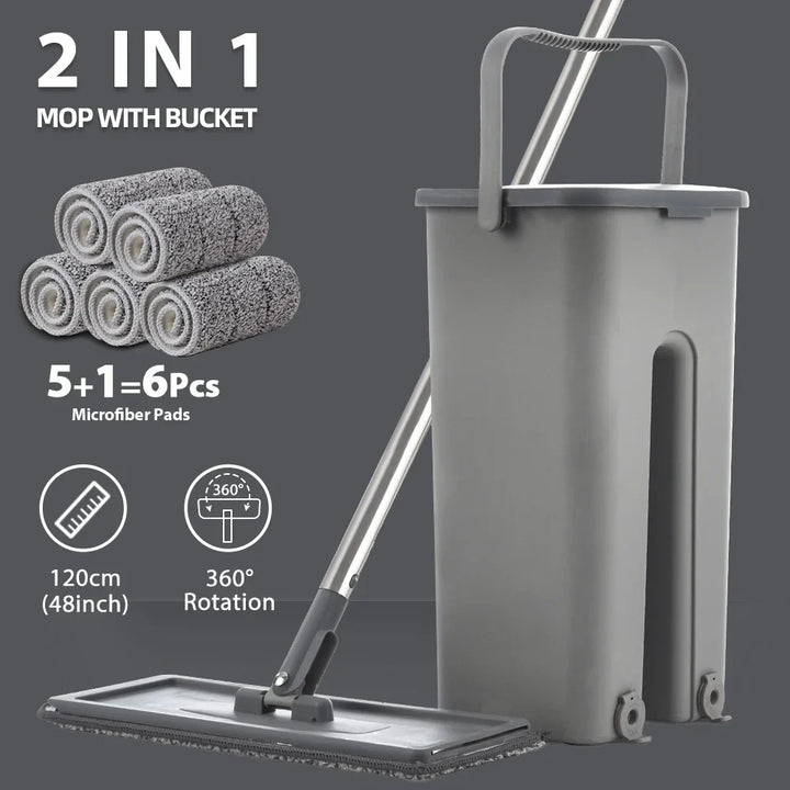 Household Cleaning Hand-Free Flat Floor Mop &amp; Bucket Set with Washable Microfiber 4x Pads