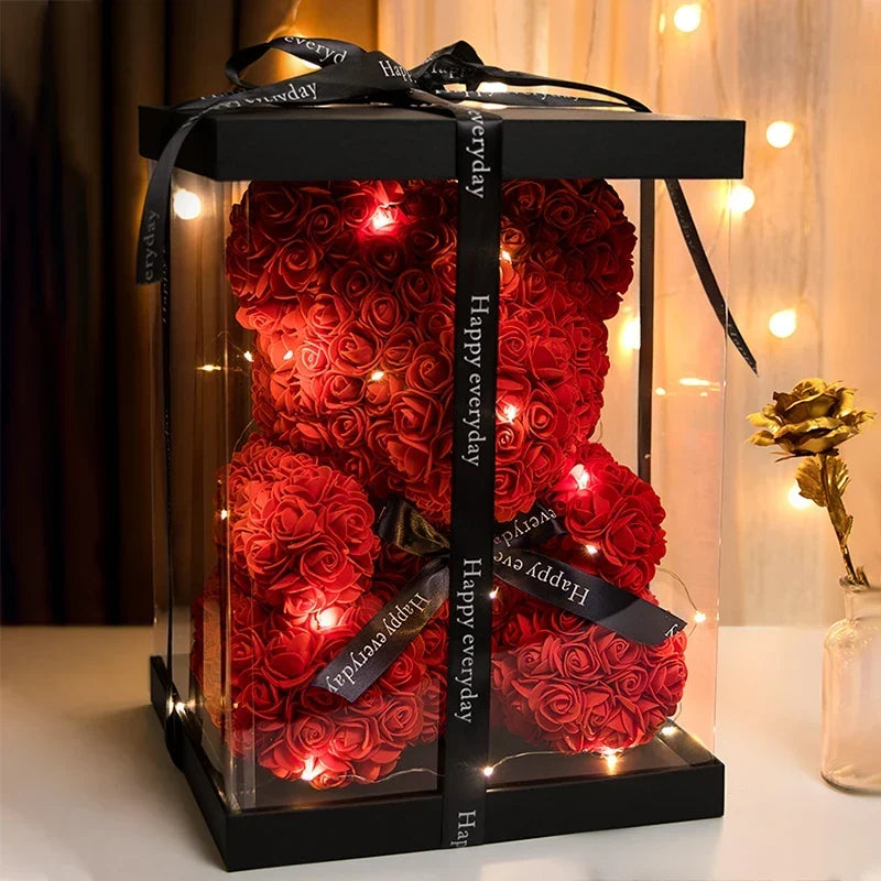 Faux Rose Teddy Bear with Gift Box and Lights - Romantic Anniversary or Valentine&
