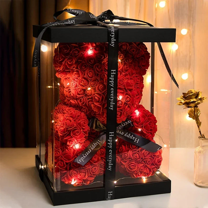 Faux Rose Teddy Bear with Gift Box and Lights - Romantic Anniversary or Valentine&