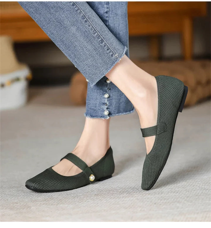 Stretchy Women Mary Jane Flats - Ribbed Knit For Spring