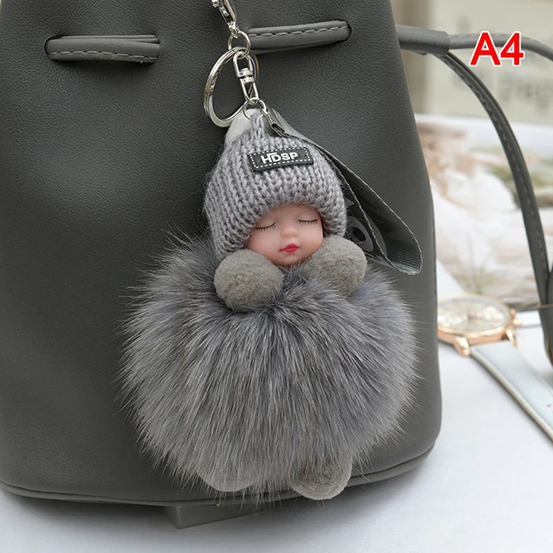 Pompom Sleeping Baby Keychain Plush Bag Charm Cute Gift