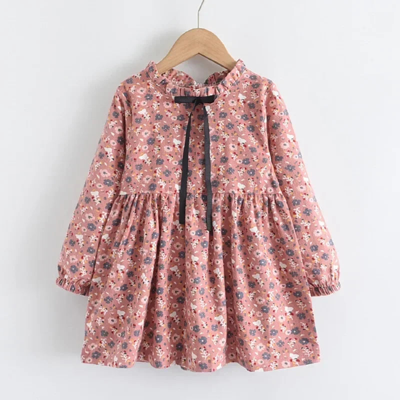 Soft Girls Dress - Long-Sleeve Knee-Length Floral Print, Cotton, For Casual Wear