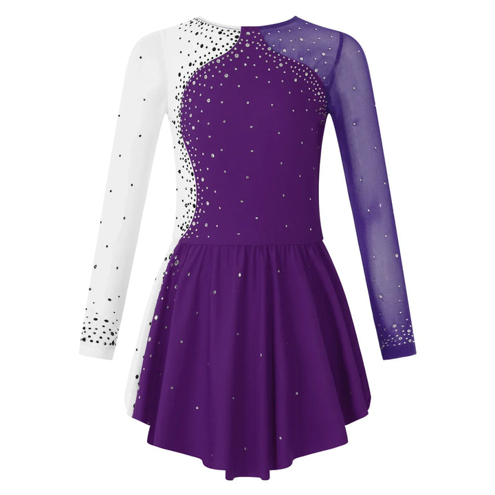 Stretchy girls figure skating dress – long sleeve rhinestone accents, jersey, dance performance costume