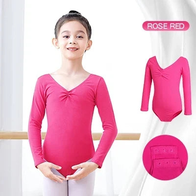 Soft Girls Ballet Leotard – Long Sleeve, Chest-Drawstring, Cotton, For Dance Class