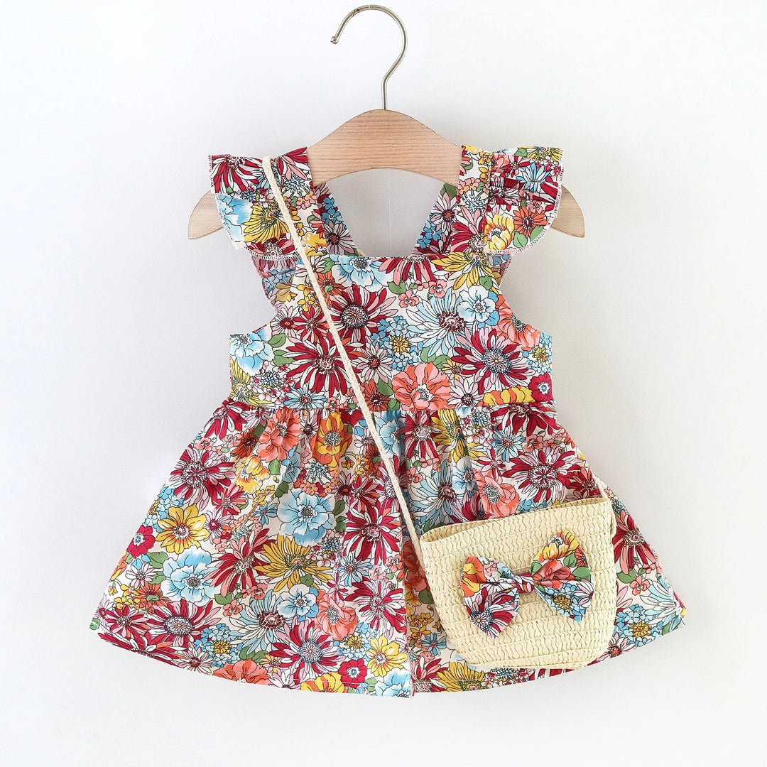Soft Baby Girl Dress - Classic Floral Flutter Sleeves, Polyester, With Crossbody Bag, For Ages 0-3
