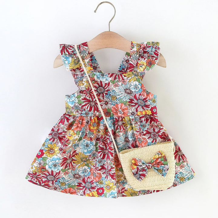 Soft Cozy Baby Girl Dress - Floral Flutter Sleeve, Polyester, For Summer Outings And Playtime