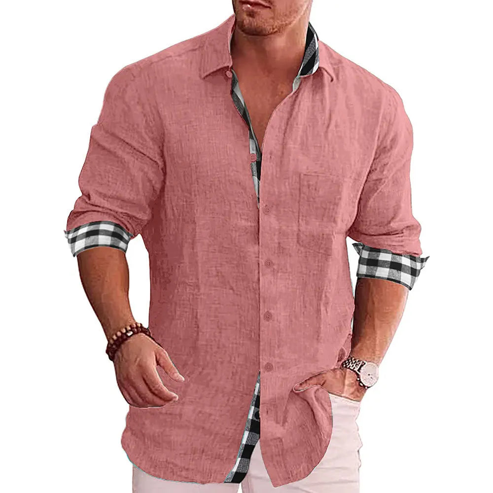 Cotton Linen Plaid Blouse Shirt - Long Sleeve Office Workwear Tops