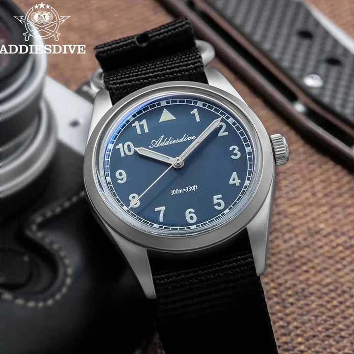 Waterproof Diver Quartz Watch Luminous Hands, Nylon Strap, 100m Water Resistance