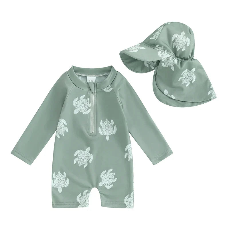 Lightweight Toddler Boys Rash Guard Swimsuit - Long Sleeve, Turtle Print, Polyester, Beachwear