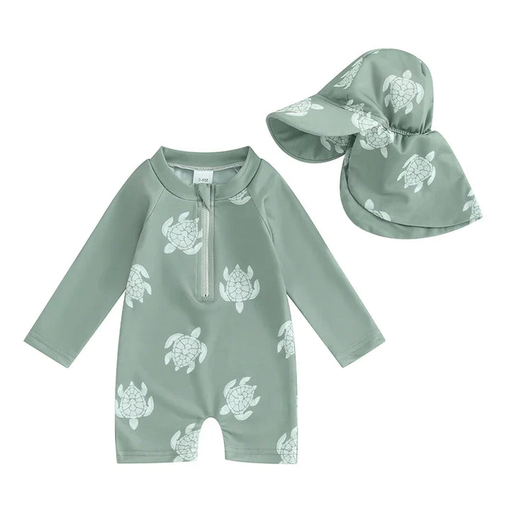 Lightweight Toddler Boys Rash Guard Swimsuit - Long Sleeve, Turtle Print, Polyester, Beachwear
