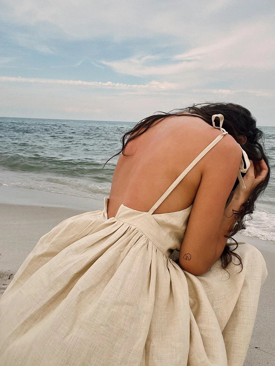 Elegant Summer Rug in Natural Linen and Cotton Blend, A-Line Design, Backless with Adjustable Straps, Ankle Length, Machine Washable