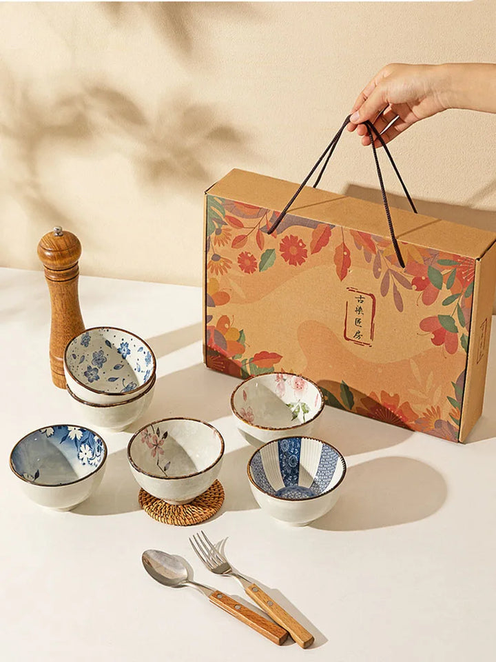 Japanese Ceramic Bowl Set 6pc Microwave Safe Gift Box