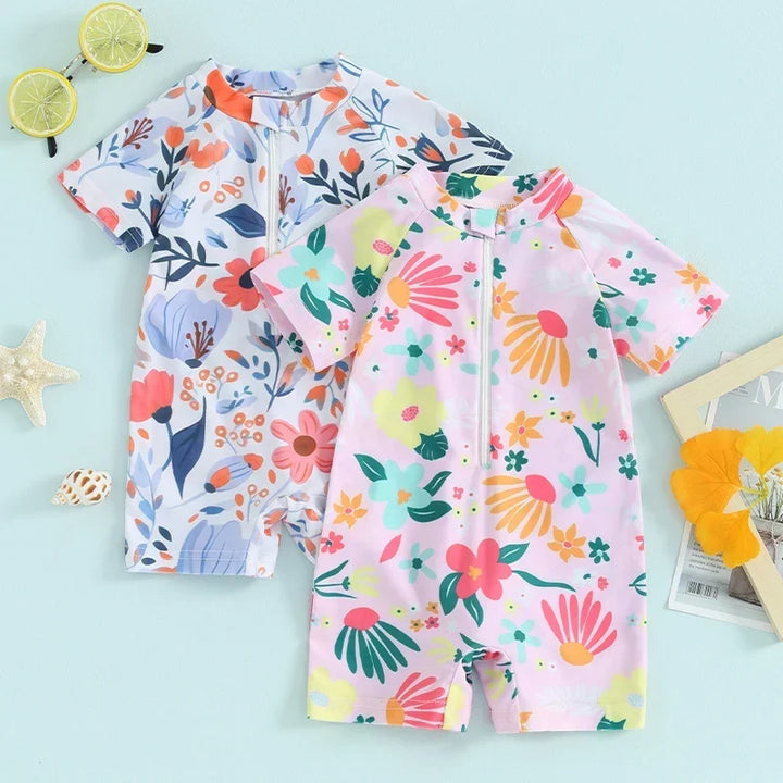 Soft girls’ rash guard romper – zip-front, short sleeve, floral print, polyester, for summer swimwear