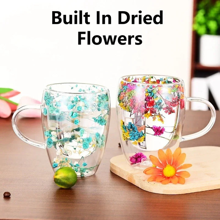 Double Wall Glass Cup with Handle Dried Flower Decorated Ins Style Mug 300ML