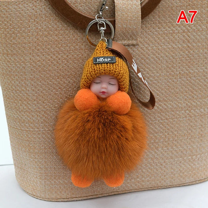 Pompom Sleeping Baby Keychain Plush Bag Charm Cute Gift