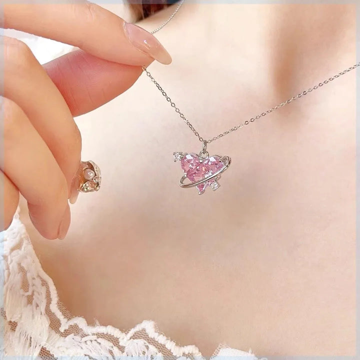 Zircon Pendant Necklace Pink Planet Heart Valentines Day Gift 2026 Aesthetic jewellery