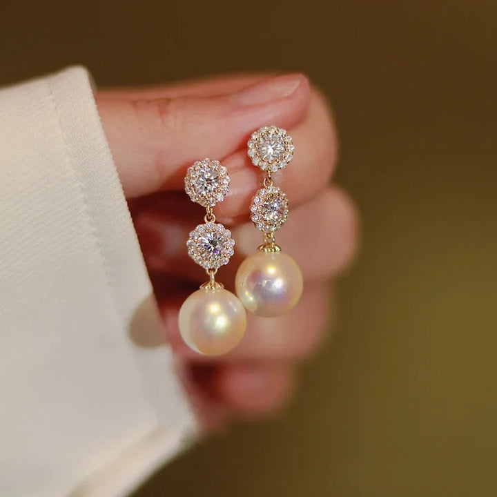 Crystal Flower Earrings Pearl Drop Gold Tone – Korean Style Party Jewelry, Fall 2026 Gift Idea