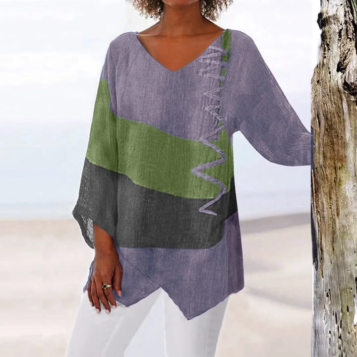T Shirt Women New Fashion Casual V-Neck Long Sleeve Patchwork Top
