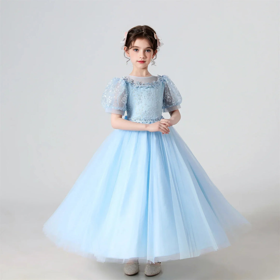 Soft Girls’ Lace-Embroidered Princess Dress - Puff Sleeve, Polyester, For Weddings and Parties