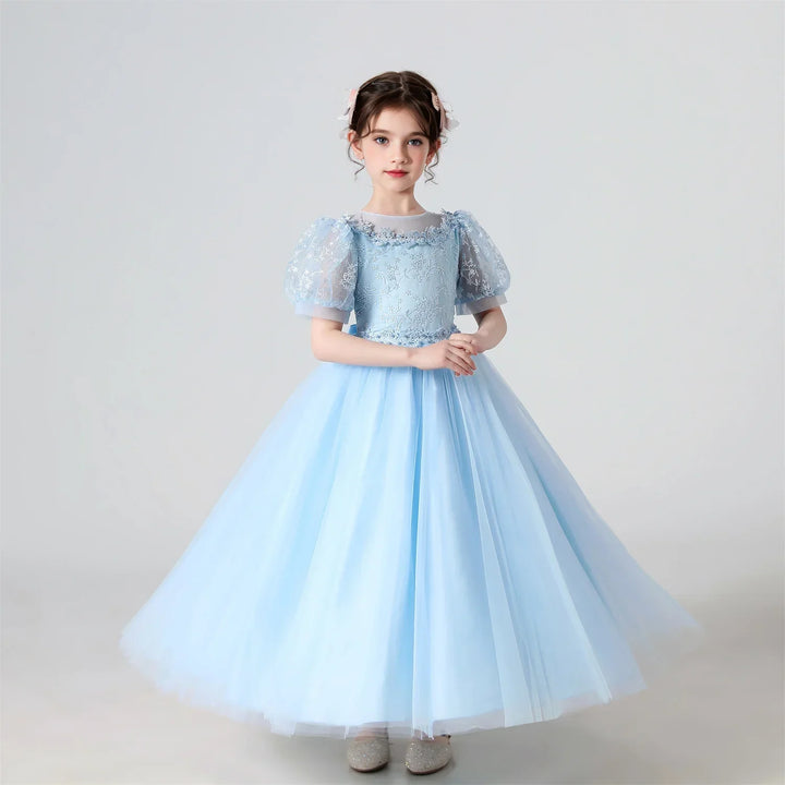 Soft Girls’ Lace-Embroidered Princess Dress - Puff Sleeve, Polyester, For Weddings and Parties