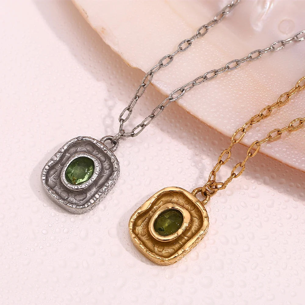 Necklace Green Zircon - Stainless Steel Paperclip Chain, 18K Gold Plated, Hypoallergenic Waterproof Jewelry Fall 2026 Gift