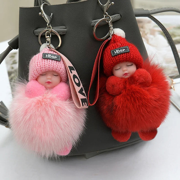 Pompom Sleeping Baby Keychain Plush Bag Charm Cute Gift