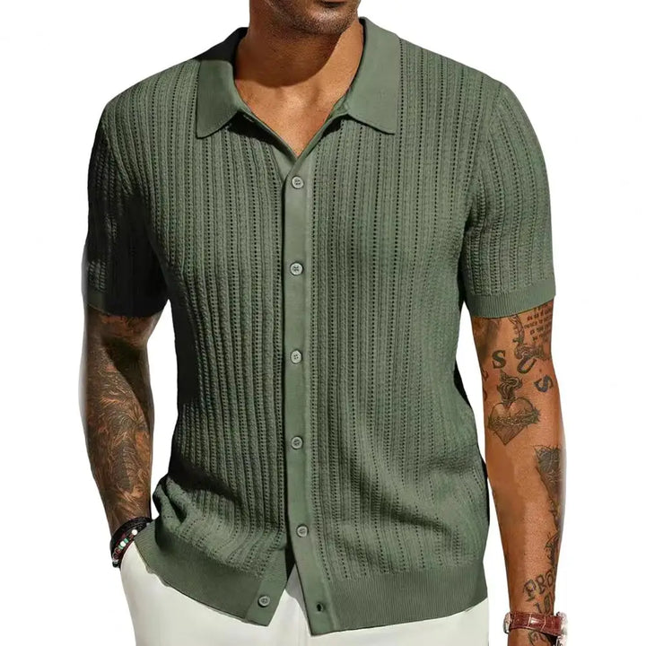 Plus Size Summer Men Knitted Cardigan Shirt, Breathable Short Sleeves Beach Top