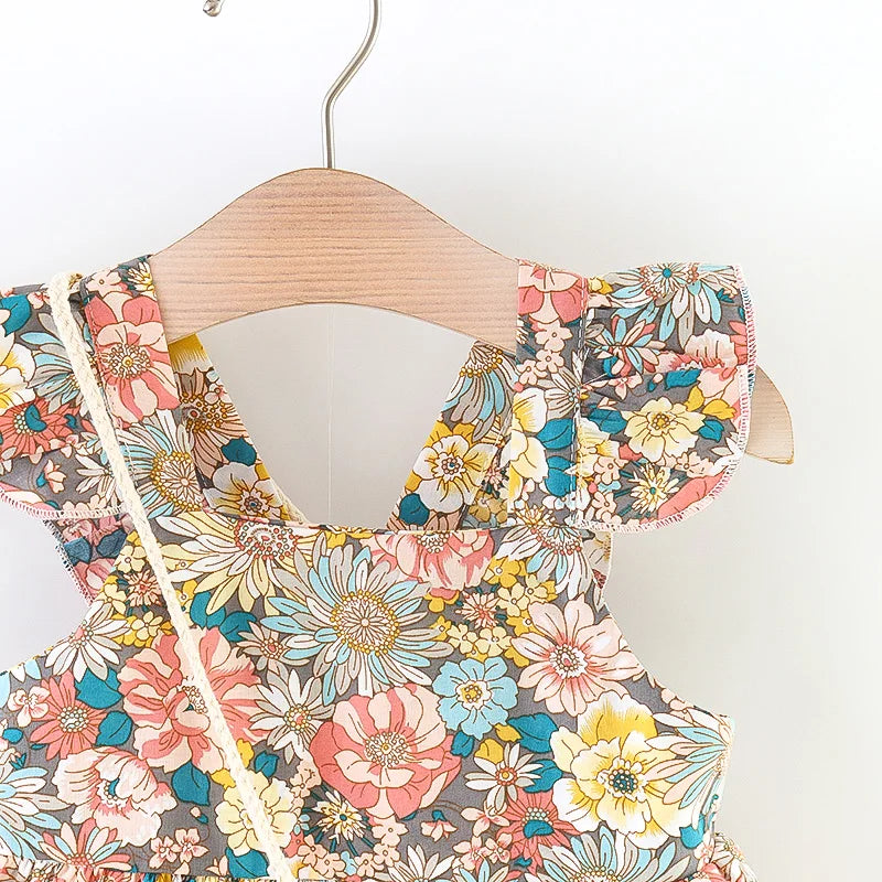Soft Baby Girl Dress - Classic Floral Flutter Sleeves, Polyester, With Crossbody Bag, For Ages 0-3