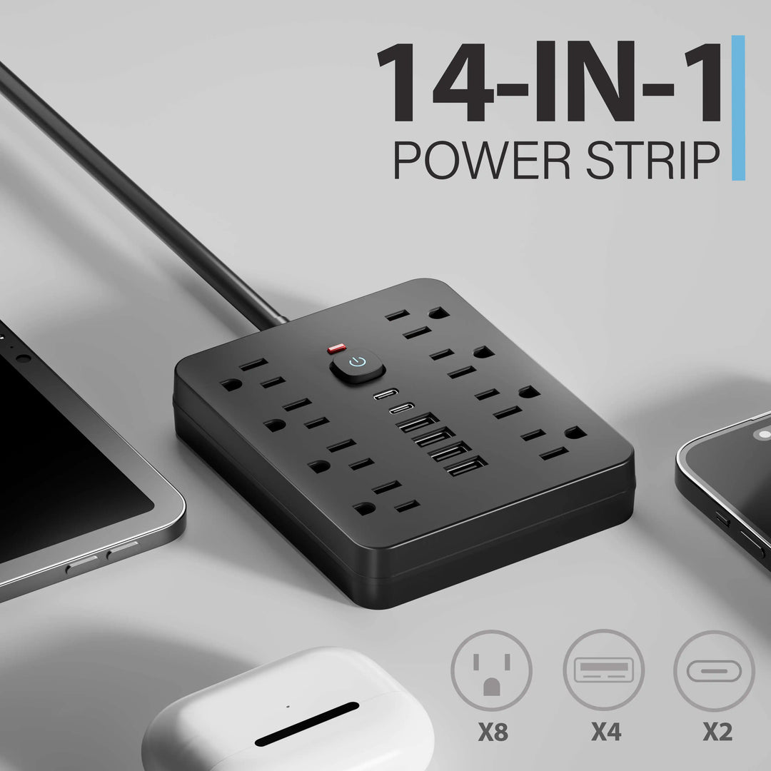 14-in-1 Power Outlet Surge Protector, 8 AC &amp; 4 USB, Extension Cord for Desktop Charging