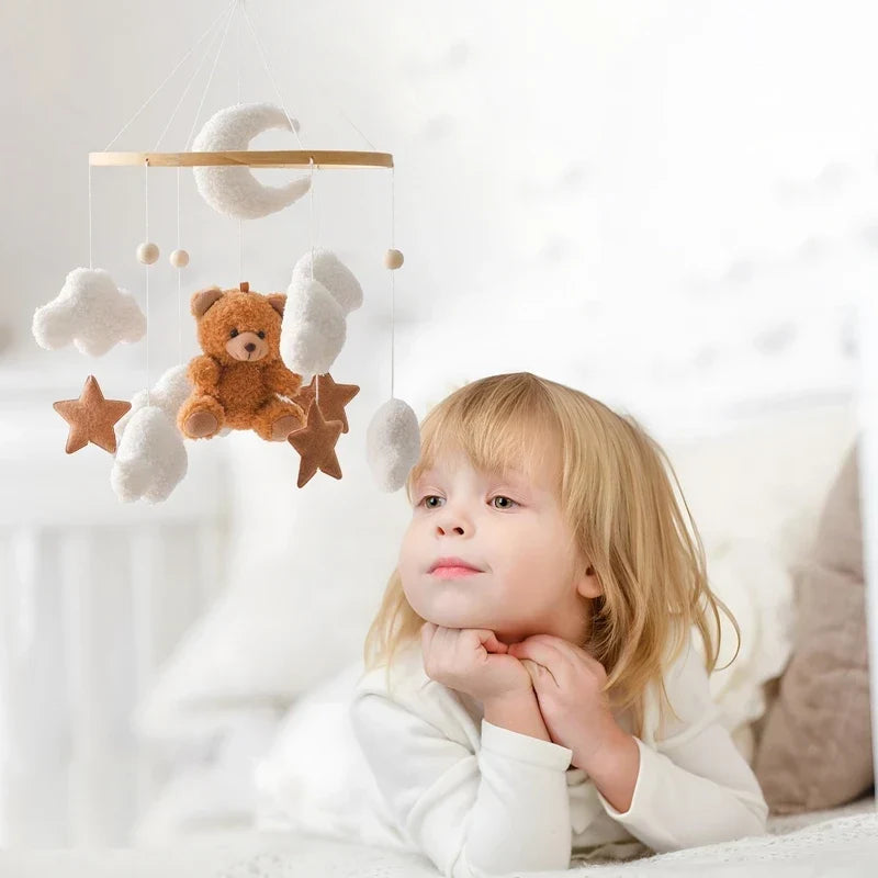 Wooden Crib Mobile Felt Bear Musical Newborn Sensory Toys