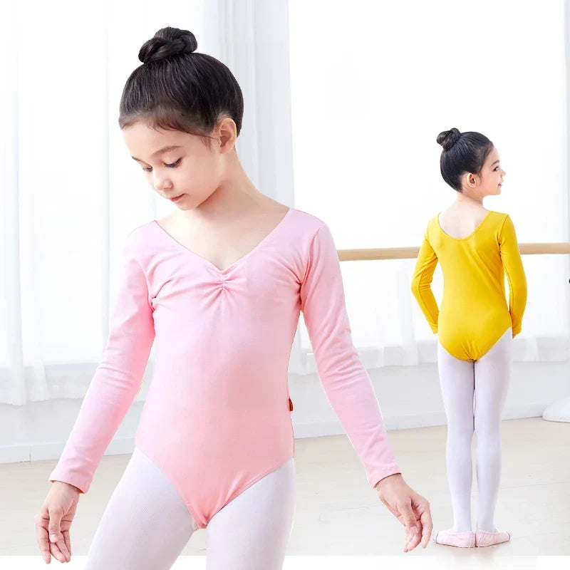 Soft Girls Ballet Leotard – Long Sleeve, Chest-Drawstring, Cotton, For Dance Class