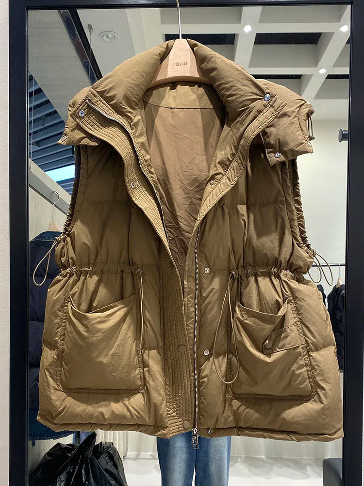 Lightweight Relaxed Women Down Vest - Hooded, Down, Winter