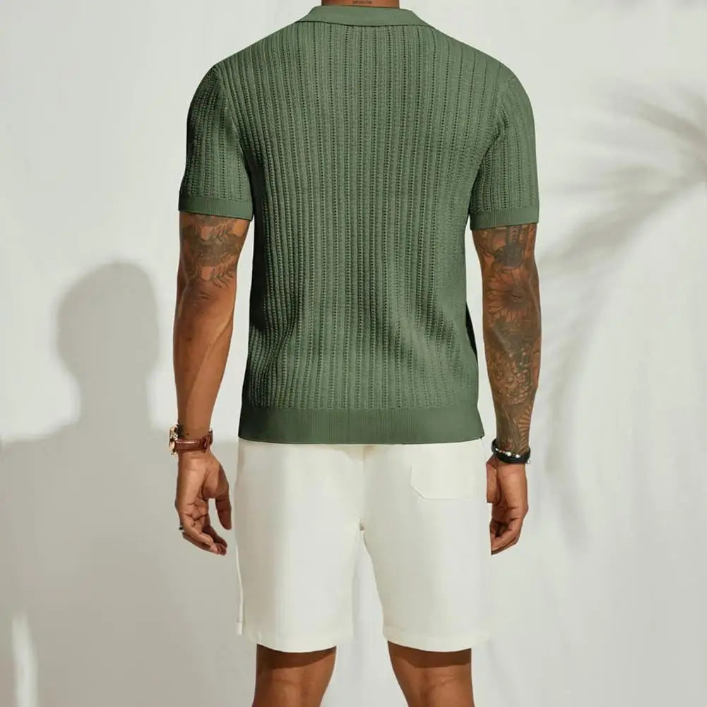 Plus Size Summer Men Knitted Cardigan Shirt, Breathable Short Sleeves Beach Top