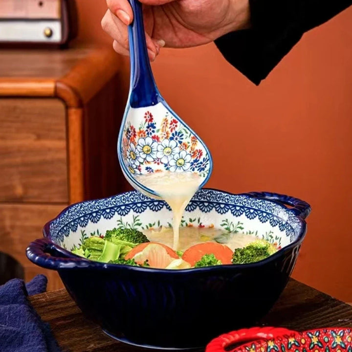 Ceramic Soup Bowl Bohemian Handle Embossed Microwave