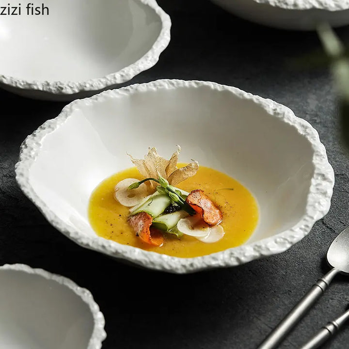 White Porcelain Rock Edge Soup Bowl Modern Tableware